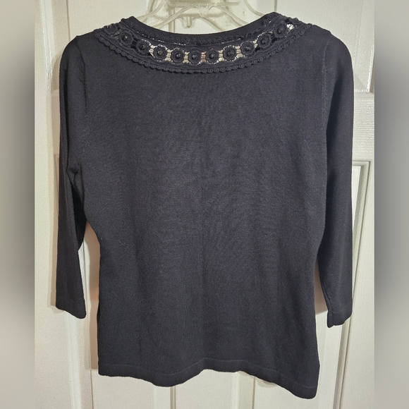 C. J. Banks Petite M Black 3/4 Sleeve Sweater Crochet Lace Neck Classic Work Y2K - Picture 3 of 7